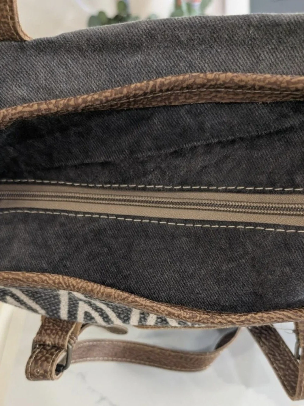 Myra Woven Geometric Tote Bag in Black & Cream with Brown Trim